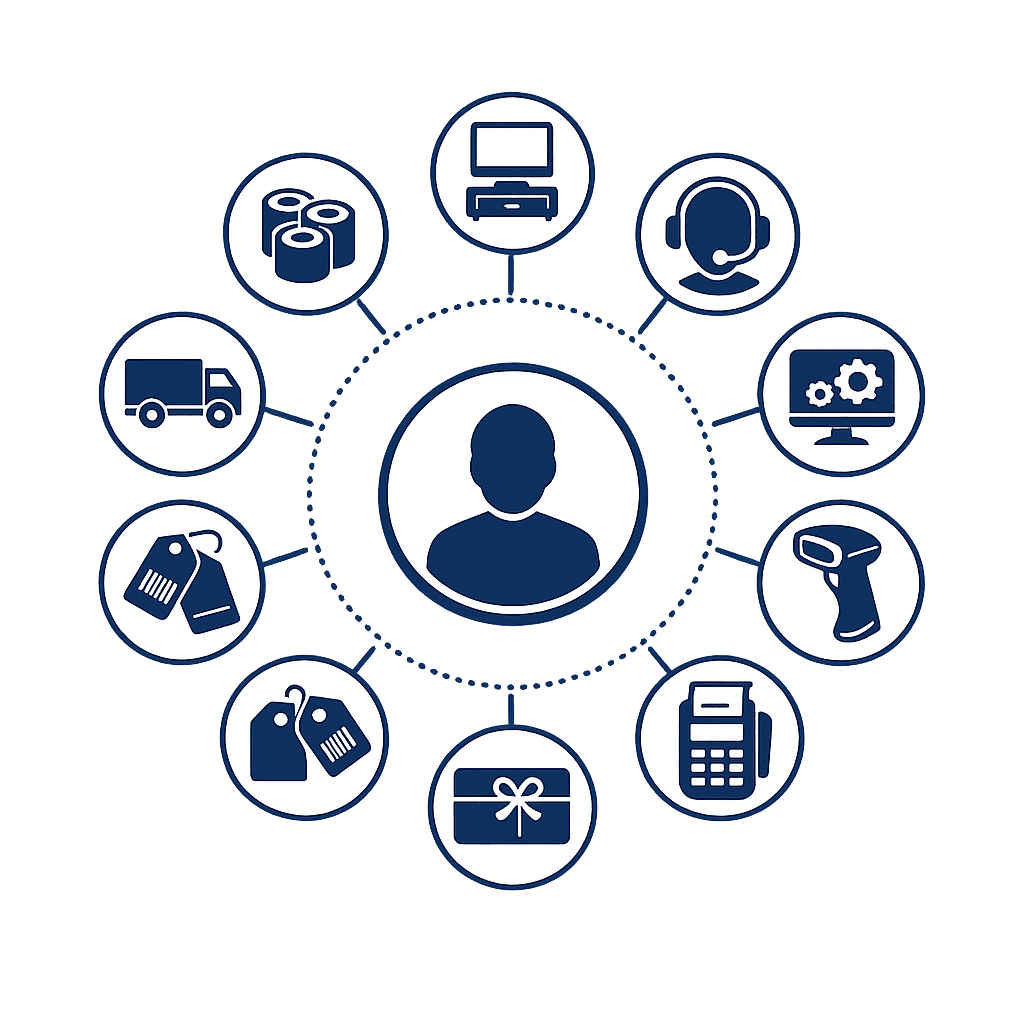 Retailpoint Plus services network illustration centered around the customer